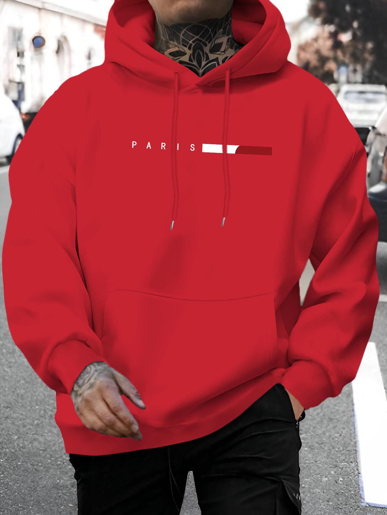 

Men s Paris Letter Print Hoodie 100% Polyester Regular Fit Long Sleeve Pullover with Drawstring Hood Autumn Sweatshirt 3XL