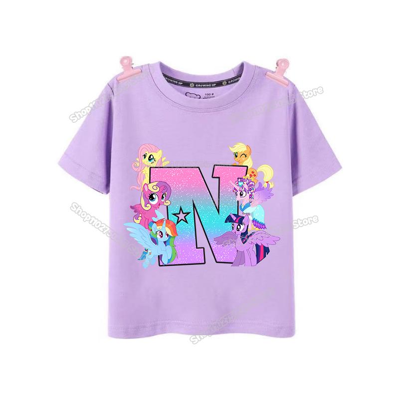 My Little Pony Girl T Shirt Twilight Sparkle Letter AZ TShirts Cartoon Kids Short Sleeve Tee Tops Casual Children Clothes