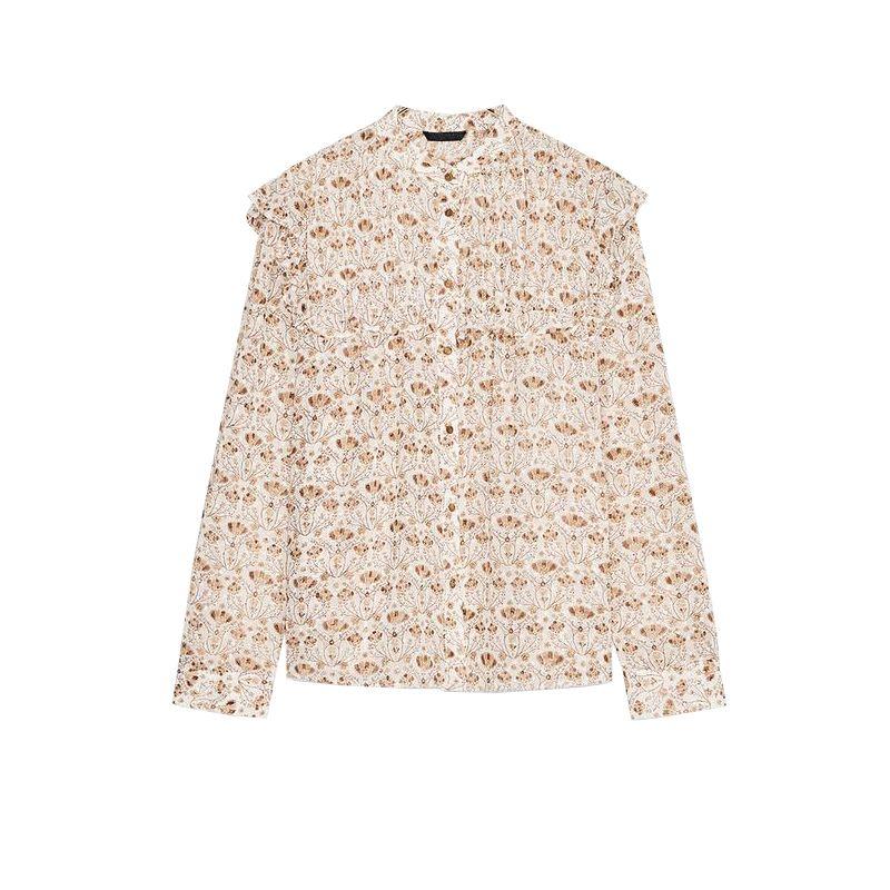 

Spring Women clothes Elegant Stand Collar Floral Top Laminated Decorative Tulle Print Shirts 2481586 Brown yellow L