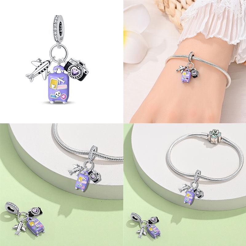 Anniversary Luggage Airplane Passport Three-Piece Set Copper Charms Fit Original Bracelet Jewelry Making For Women Gift