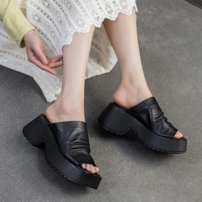 Johnature Retro Peep Toe Venkovní Platformové Pantofle Pravá Kůže Pohodlné Zvyšující Výšku Dámské Boty