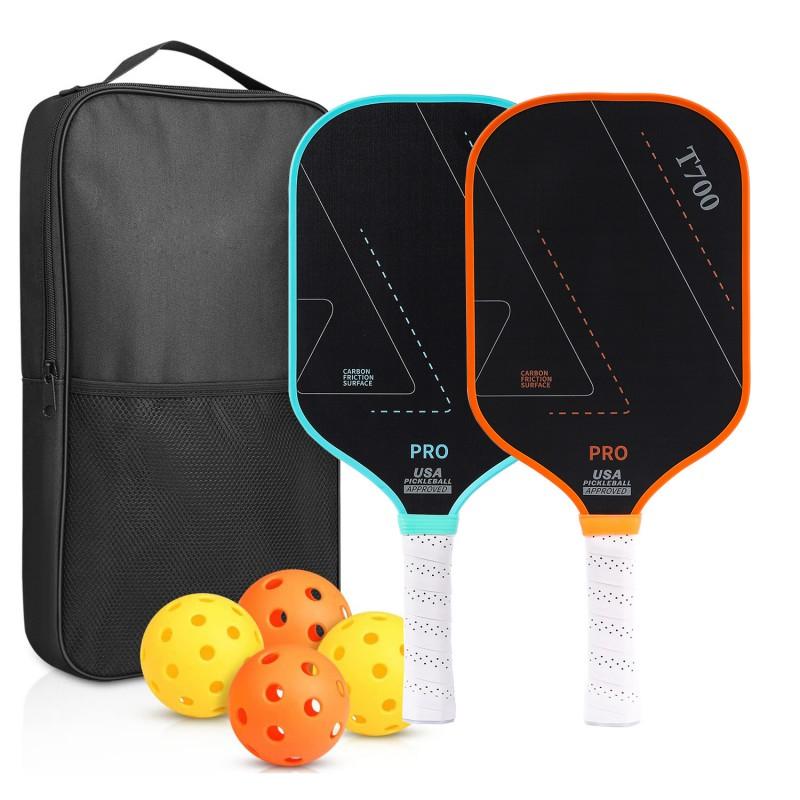 Carbon Fiber Pickleball Paddle Set With 4 Balls Carry Bag Professional Tournament Ready Long Handle 16mm Grip