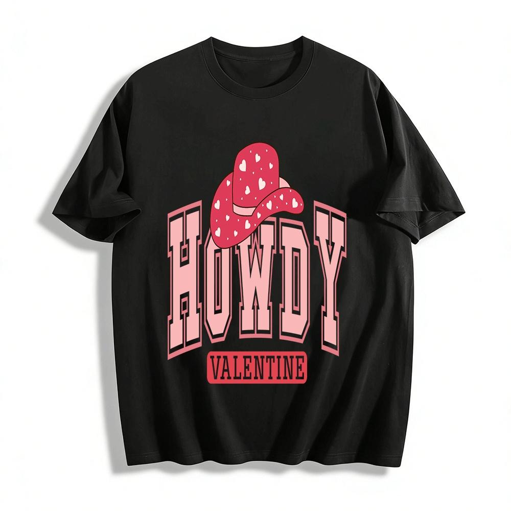 Howdy Valentine Cowboy Hat Heart Print Casual Top Pure cotton T-shirt XXS