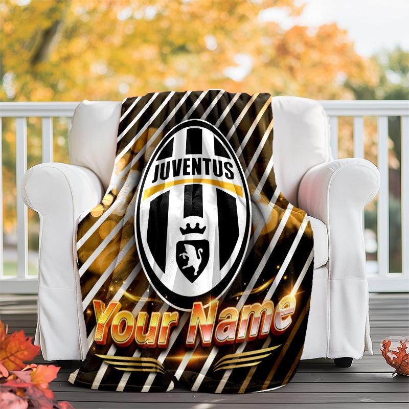 1pc Personalized Name Juventus Theme Blanket - Digital Print, Polyester, Cozy for All Seasons, Perfect for Outdoor, and Travel