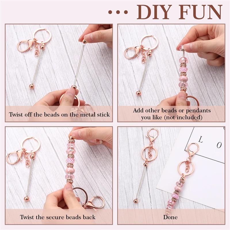 M-Modern-12 Pcs Beadable Keychain Bars For Beads Blank Keychain Beaded Keychain For Keychain DIY Projects Pendant Rose Gold Easy