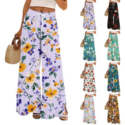 Damen Lockere Lässige Hose mit Blumenmuster, Weitem Bein, Elastischem Bund, Kordelzug und Taschen
