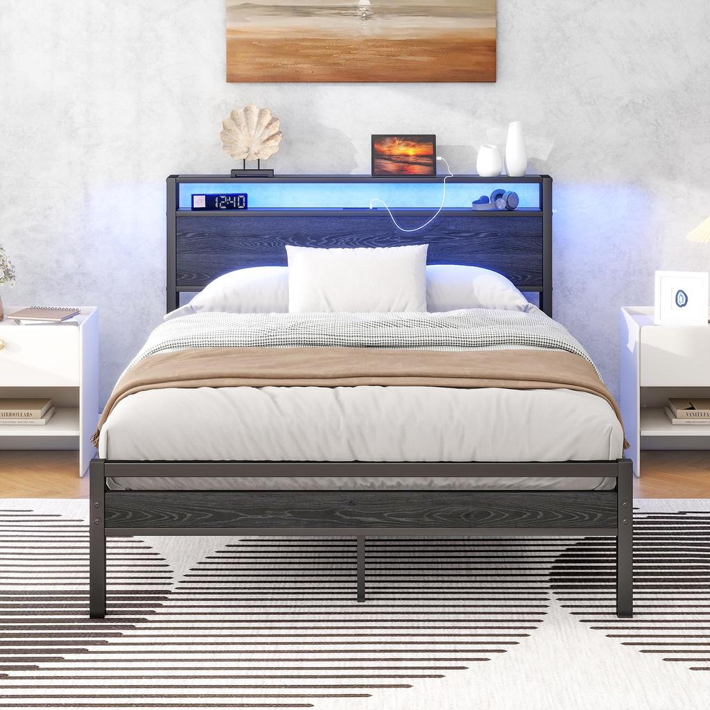 Bed 120x200 with Storage, Metal Bed Frame with USB Charging Function & LED Lighting, Modern Storage Bed with Headboard Shelf, Youth Bed/Guest Bed