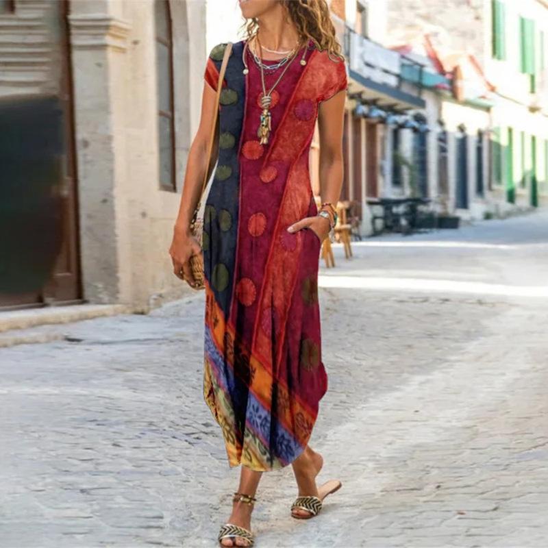 Abito Lungo A-line Slim Estivo a Manica Corta con Collo Rotondo e Tasca con Stampa Floreale Abbigliamento da Donna