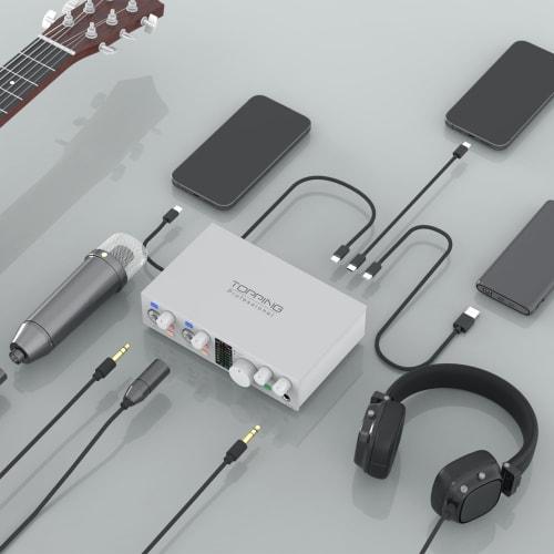 TOPPING E 2x2 OTG 2-in/2-out Audio Interface, Audio Mixer for Streaming, DTM, Mixing, Music Production, Singing, and More, AUX OTG, USB Type-C to Opti