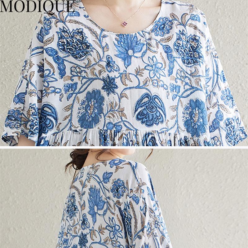 MODIQUE Sommer Übergröße Damen Locker Lässig Kurzarm Baumwolle Verlängerte Länge Druck Lange Kleider Weiblich Übergröße Kurzarm O-Ausschnitt Kleider Blau