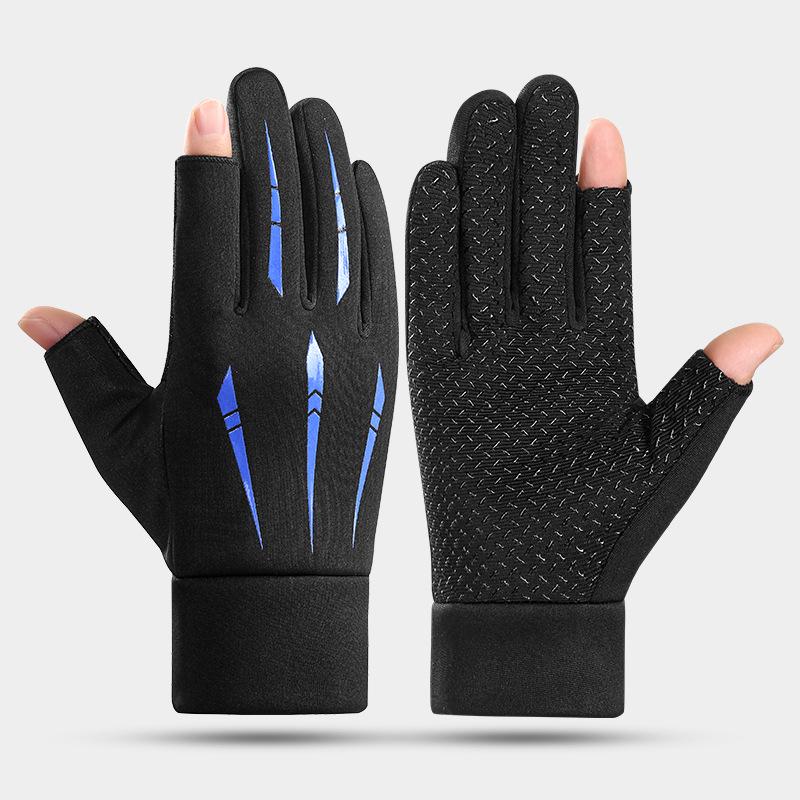 Men's Winter Touchscreen Cycling Gloves - Non-Slip, Velvet-Lined, Two-Finger Design for Driving, Motorcycle Riding, and Fishing.