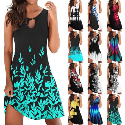 Fashion Women Summer  Print Hollow Out Sleeveless Loose Mid Dresses