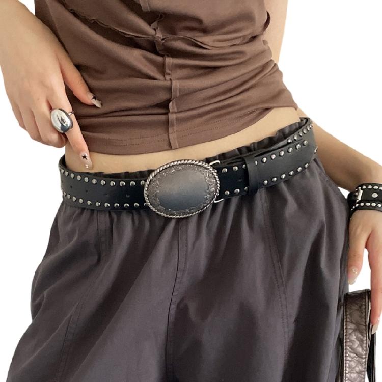 

Gothic Women s Adjustable Belt Carved Retro Patterns and Studs Embellishments Cowgirl Punk Accessory чорний