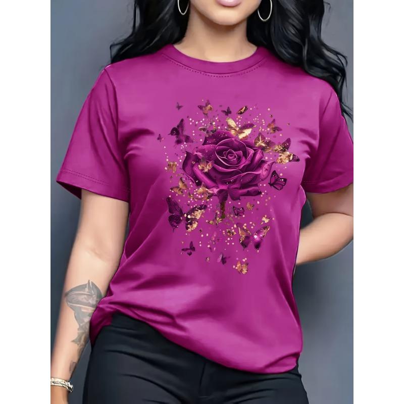 

Women s Butterflies & Roses Print Short-Sleeve T-Shirt (Spring/Summer, Casual/Dressy) XL