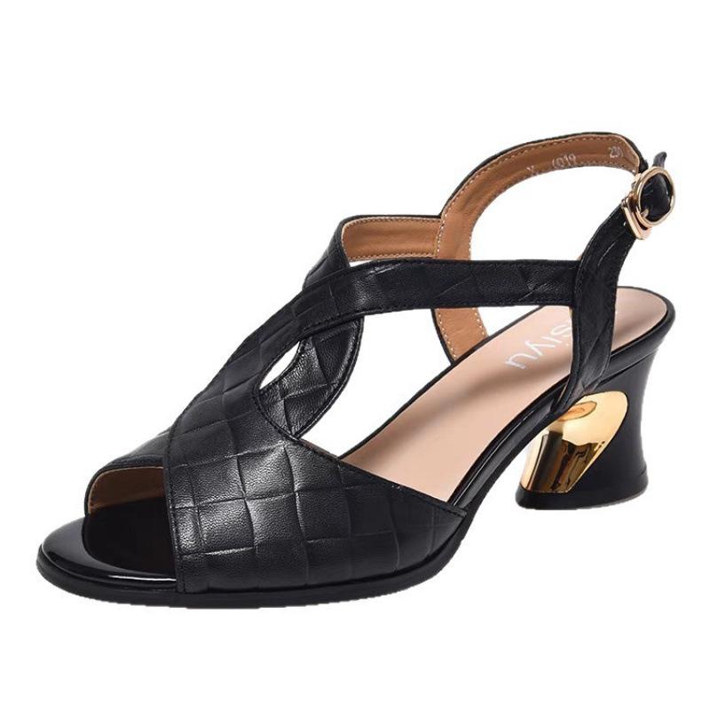 Soft leather sandals summer new thick heel with Roman medium heel with skirt high heel sandals