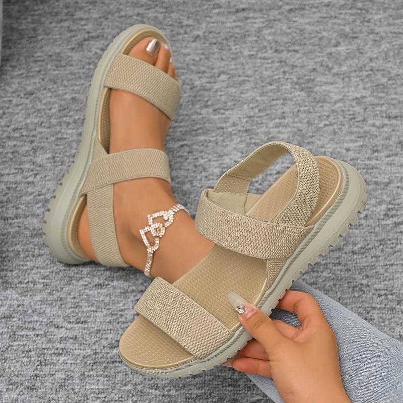 Casual Khaki Canvas Strap Wedge Heel Sandals Women 2025 Summer Round Toe Medium Heel Sandals Comfortable Soft Sole Shoes Women