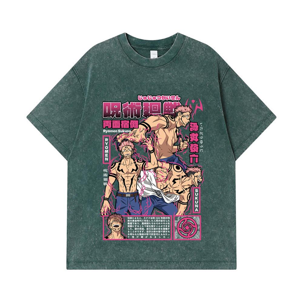 275 GSM Washed T-shirts 100% Cotton Jujutsu Kaisen V45 Sukuna Print Unisex Heavy Cotton T Shirt