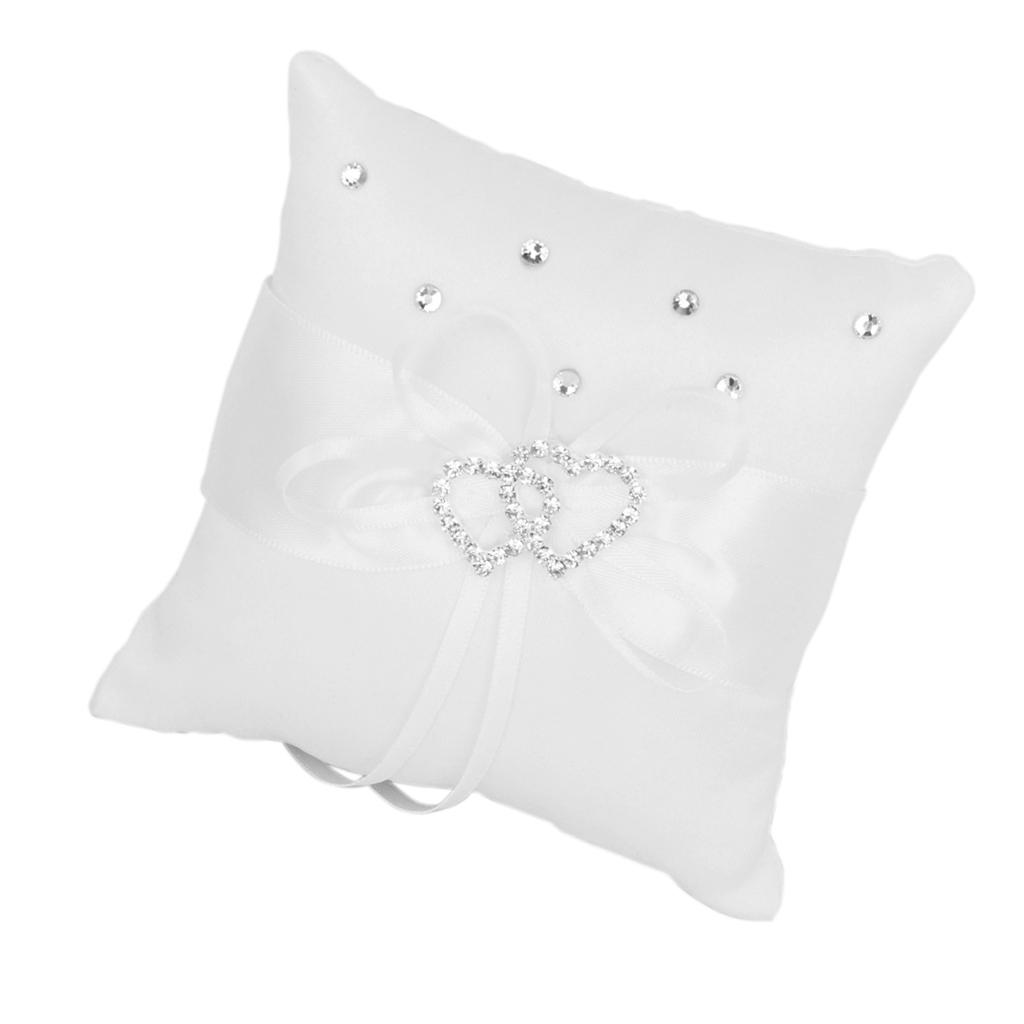 Satin Pocket Ring Pillow Double Heart Crystal Rhinestone Cushion Wedding Party Anniversary Supplies