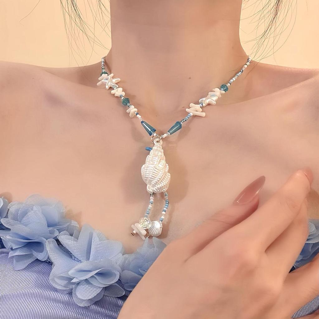 Blue Starfish Beaded Seashell Necklace - Summer Beach Style Clavicle Chain for Women