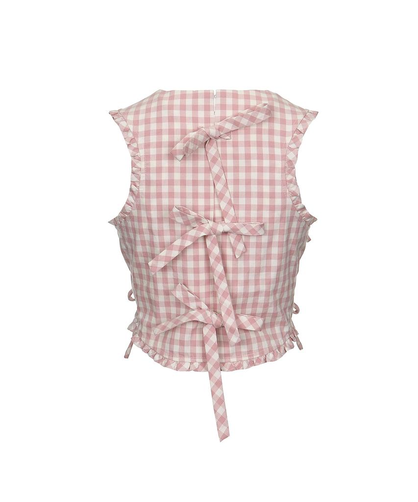 BMUETTE Ribbon Detail Gingham Check Top Pink