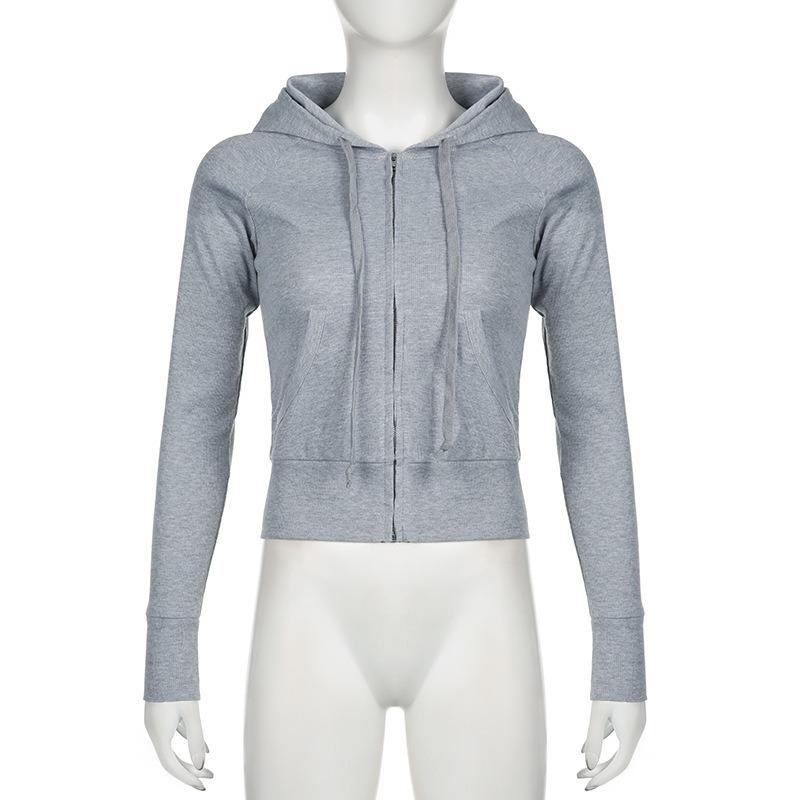Gray Street Style Zip Up Hooded Sweatshirt Slim Fit Women S Casual Top