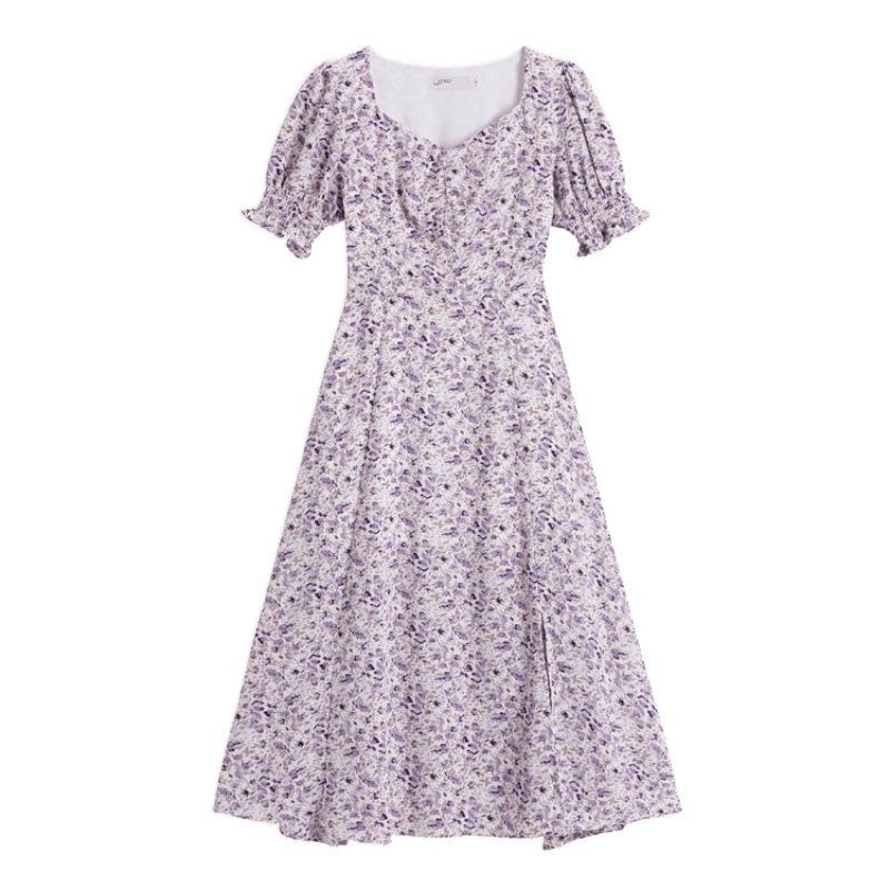 2025 French Retro Puff Sleeve Floral Chiffon Dress in Light Purple for Spring, Summer, and Autumn
