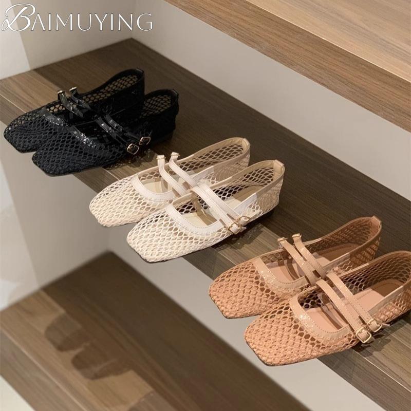 Fashion Women Mesh Mary Jane Shoes Woman Casual Square Toe Flat Sandals Summer 2025 Trend Soft Sole Dress Comfort Breathable Sandalias