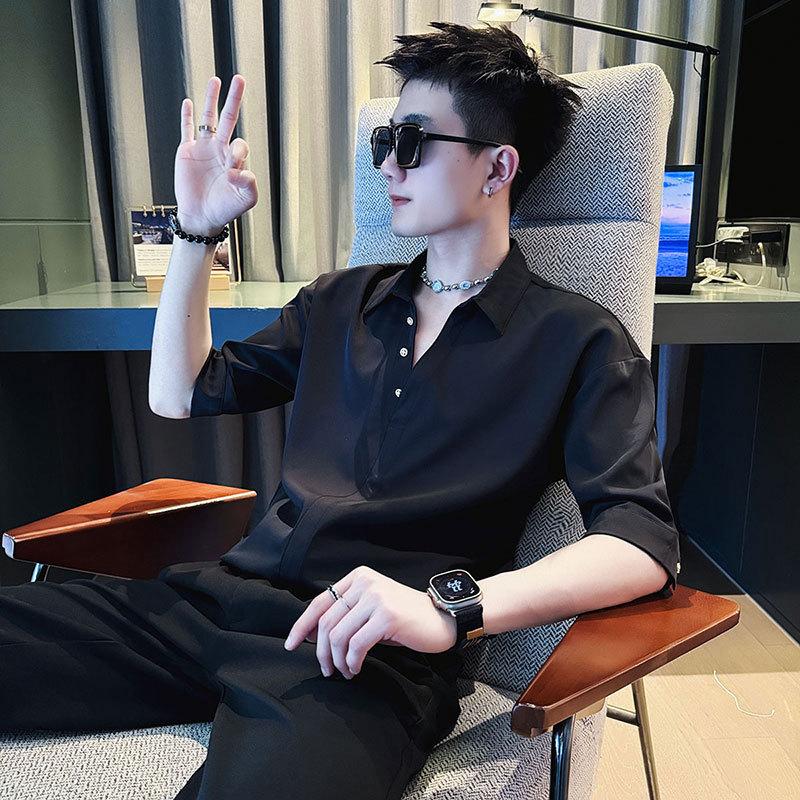 

Men s Satin Half Sleeve Henley Collar Button Down Shirt Casual Streetwear Top S чёрный