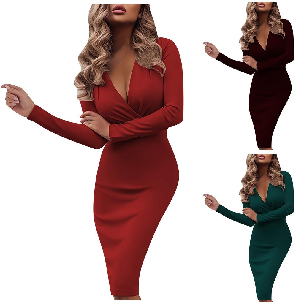 Ladies Fashion Long Sleeve V-neck Color Split Hip Packing Tight Dress