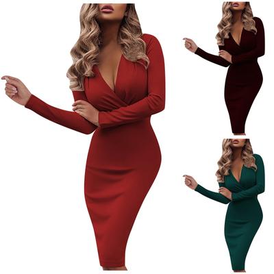 Robe Moulante Longue à Manches Longues et Col en V avec Dégradé de Couleurs pour Femmes