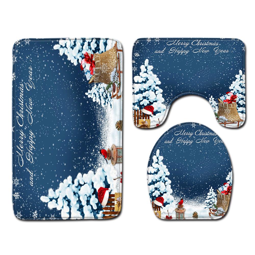 Christmas Shower Curtain Floor Mat Combination Four-Piece Set Bathroom Toilet Carpet Shower Room Mat Foot Mat
