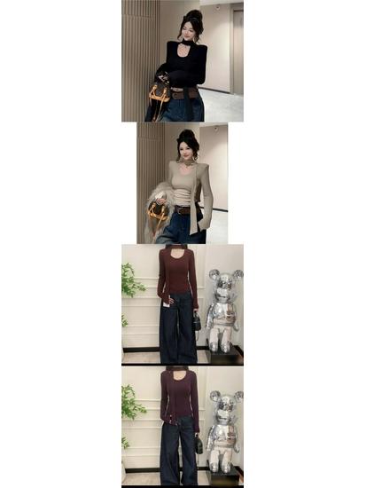 2025 Slim Fit U-Neck Fleece T-Shirt: Autumn/Winter Comfy Commute Style with Ribbon Accents