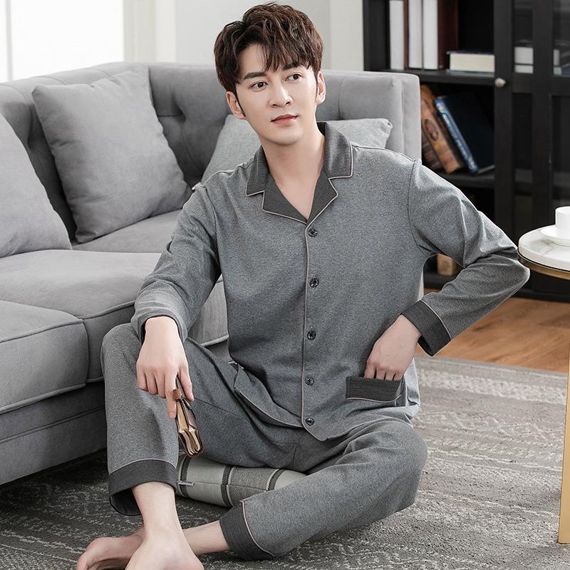 Herren Herbst/Winter Baumwoll-Pyjama-Set - Gestreiftes Karomuster Strickjacke & Langarm Zweiteiler