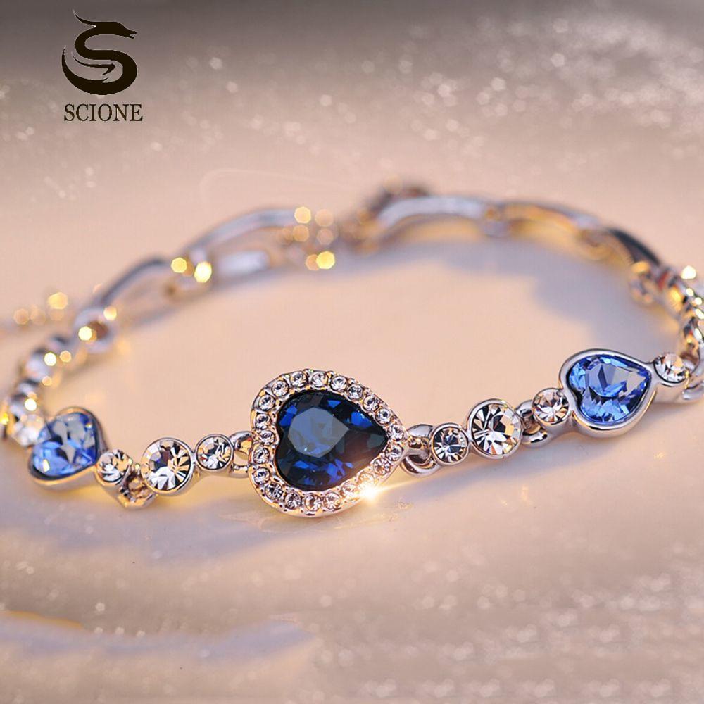 SCIONE Women Jewelry Fashion Ocean Blue Bangle Bracelet Rhinestone Love Heart Austrian Crystal