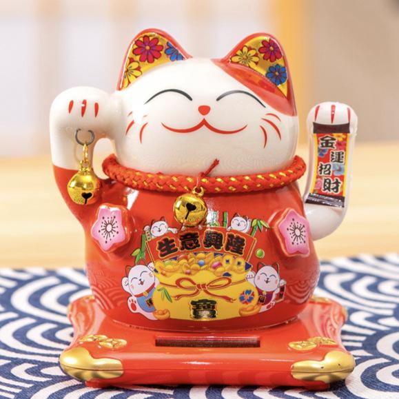 

8-Inch Solar-Powered Ceramic Lucky Cat Figurine for Fortune and Wealth Attraction