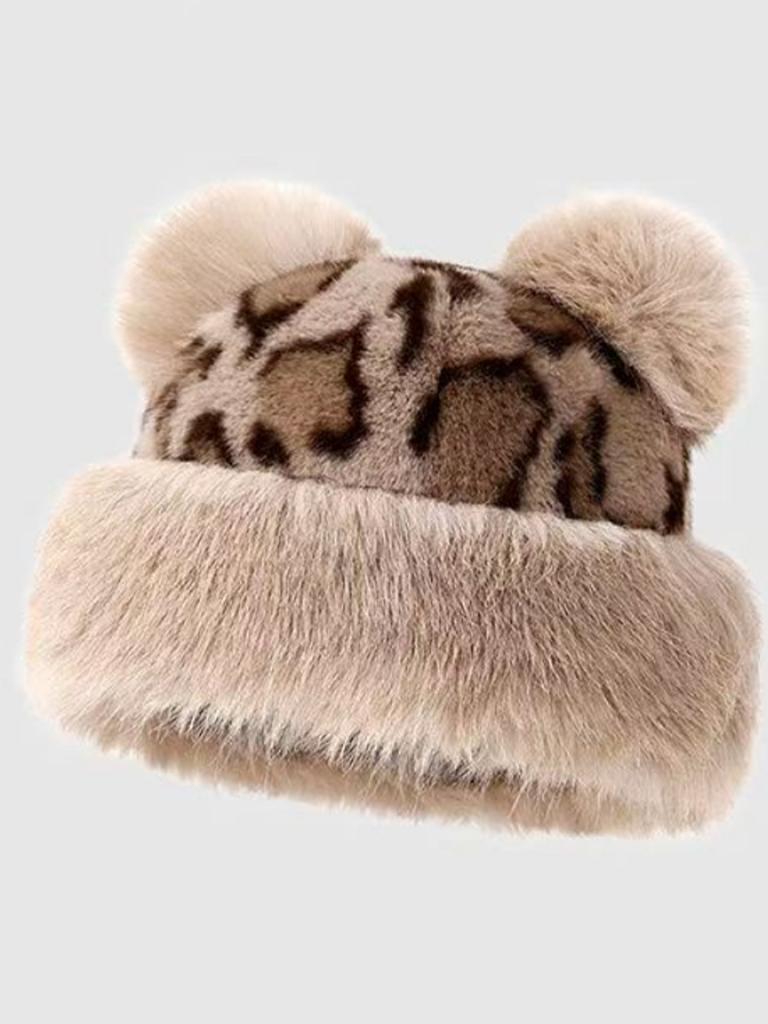 Retro Leopard Print Bear Ears Plush Mongolian Hat Fashionable Versatile Autumn and Winter Imitation Fur Thickened Warm Ear Protector Basin Hat
