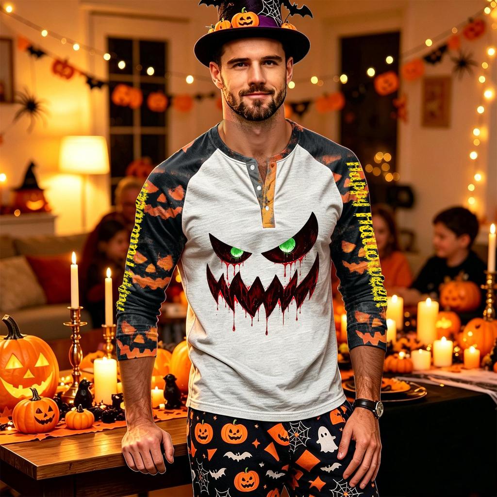 Men's Long Sleeve Shirt with Halloween Print Pattern for Casual Wear