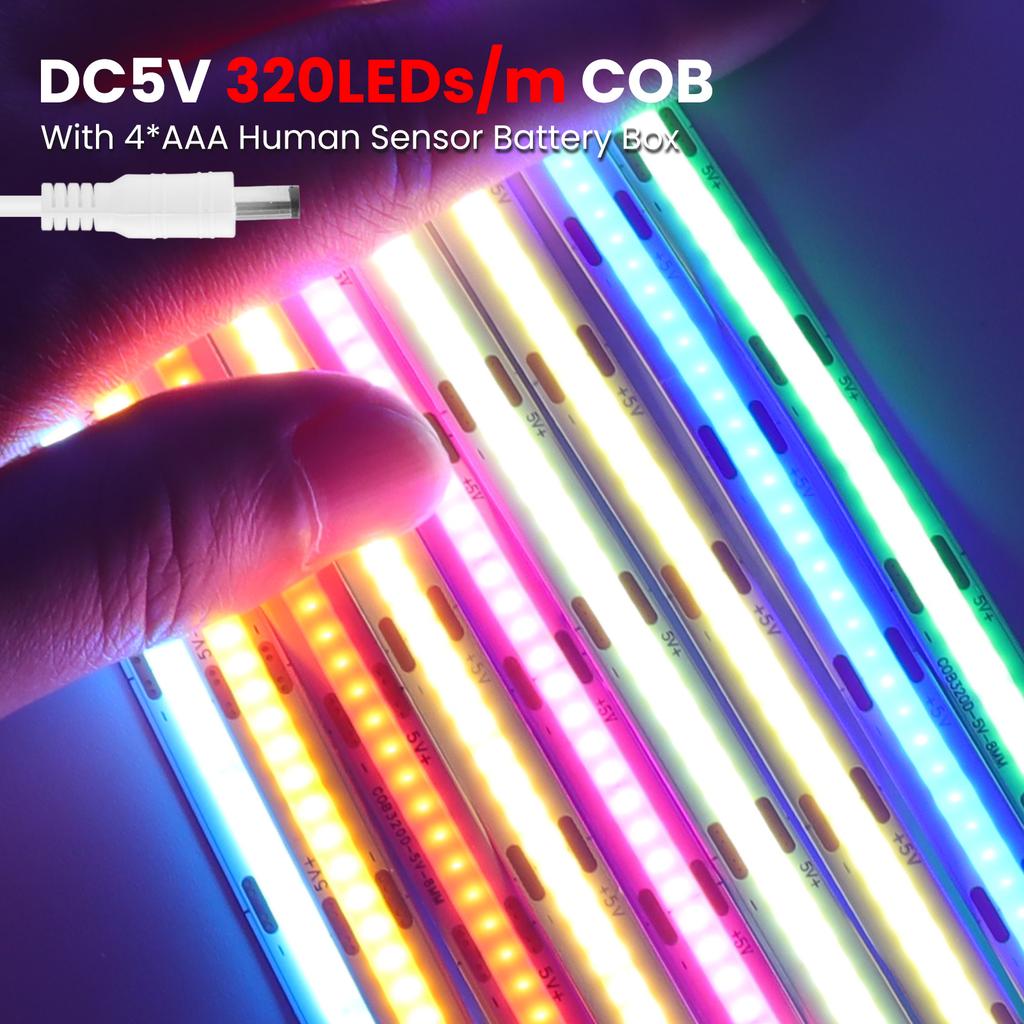 Motion Sensor COB Led Light Strip Battery 3mm 5mm 8mm PCB Width Under Bed Lamp For Cabinet Wardrobe Kitchen Stairs 1M 2M 4M 5M