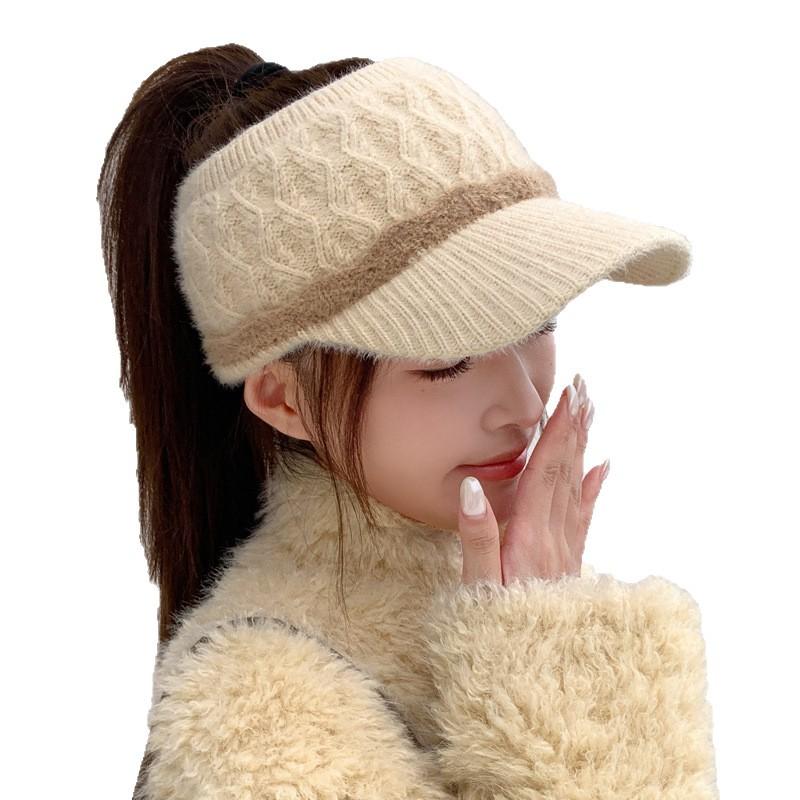 Winter Rhombus Knitted Empty Top Hat Simple Wool Hat Versatile Warm Ponytail Hat Big Head Circumference Women