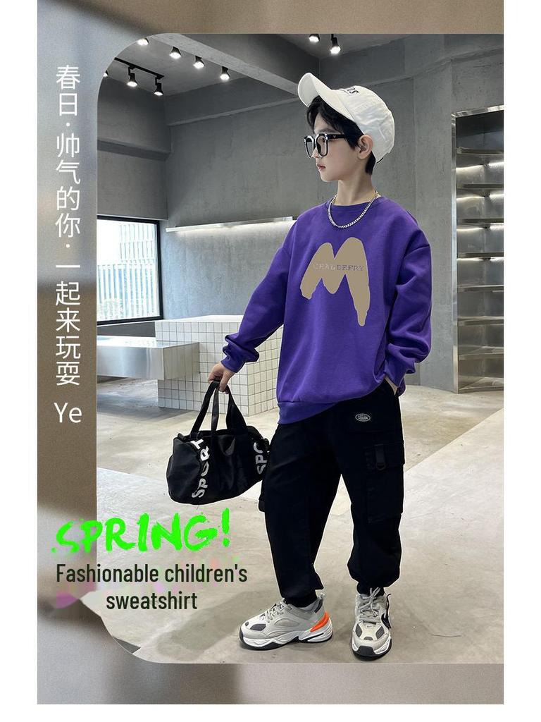 Sweat-shirts tendance pour garçons avec imprimé de lettres coréennes: Manches longues, Coupe ample pour le printemps, l'automne et l'hiver – Nouveaux styles pour les grands enfants.