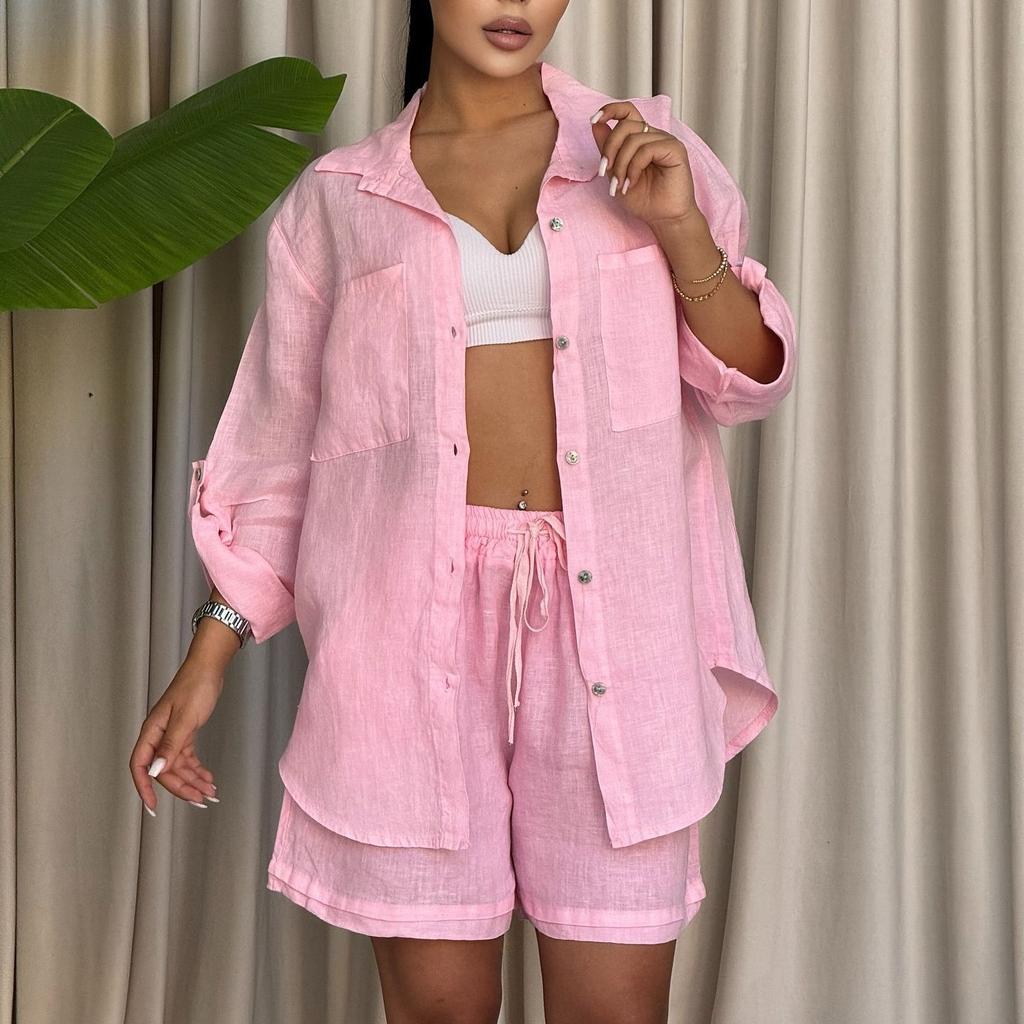 Women's 2 Piece Casual Outfit Oversized Long Sleeve Turn Down Collar Shirt and Drawstring Shorts Set