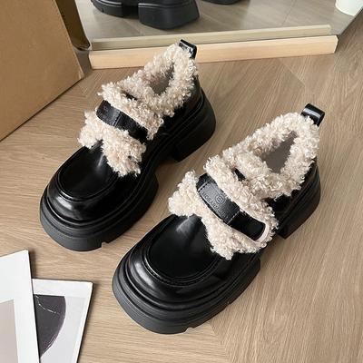 Samtplateau Britische Kleine Lederschuhe Damen Herbst und Winter Flauschige Schuhe Damen Mary Jane Schuhe Slipper Baumwollschuhe