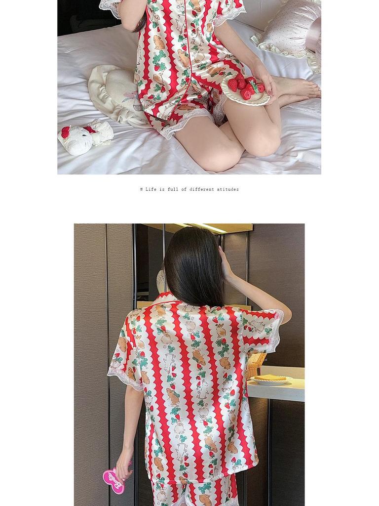 Sweet Strawberry Bunny Christmas Style Women's Ice Silk Pajamas Set: Short Sleeve Summer Homewear