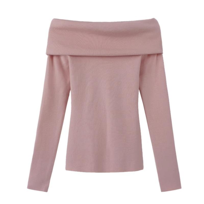 Temperament de primăvară Femei Decolteu oblic Cămăși sexy Elegante Mânecă lungă Umeri goi Bluze tricotate Femei Casual Stradă Solidă Modă Croială slim Topuri 25998