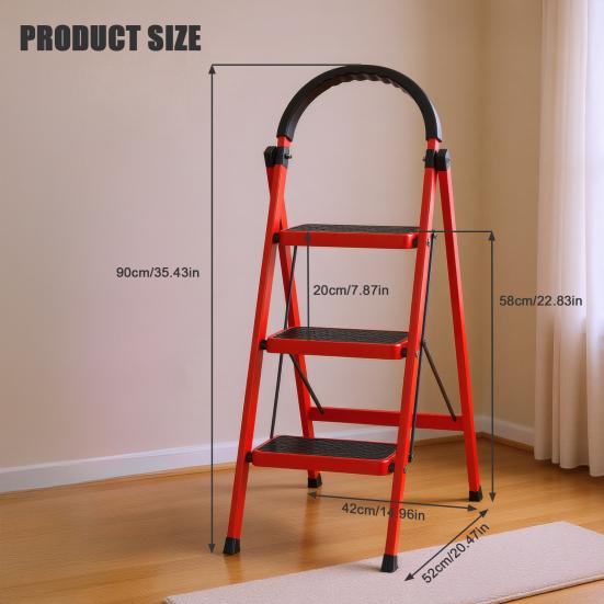 Step Ladder, 3 Step Ladder Folding Step Stool, Multi-Purpose Collapsible Ladder for Home or RV Outdoor Work, Heavy Duty 330 Lbs Load (White, Red)