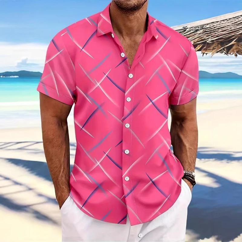 

Men Colorful Geometric Print Short Sleeve Button Down Shirt S рожевий