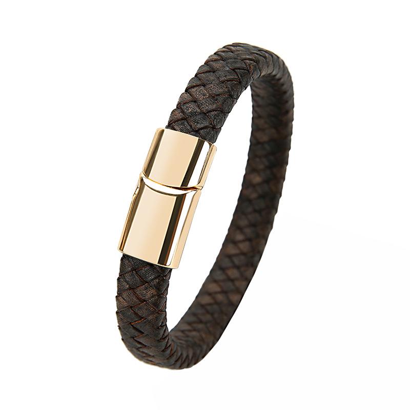 Retro Genuine Leather Men's Woven Cord Bracelet with Magnetic Buckle