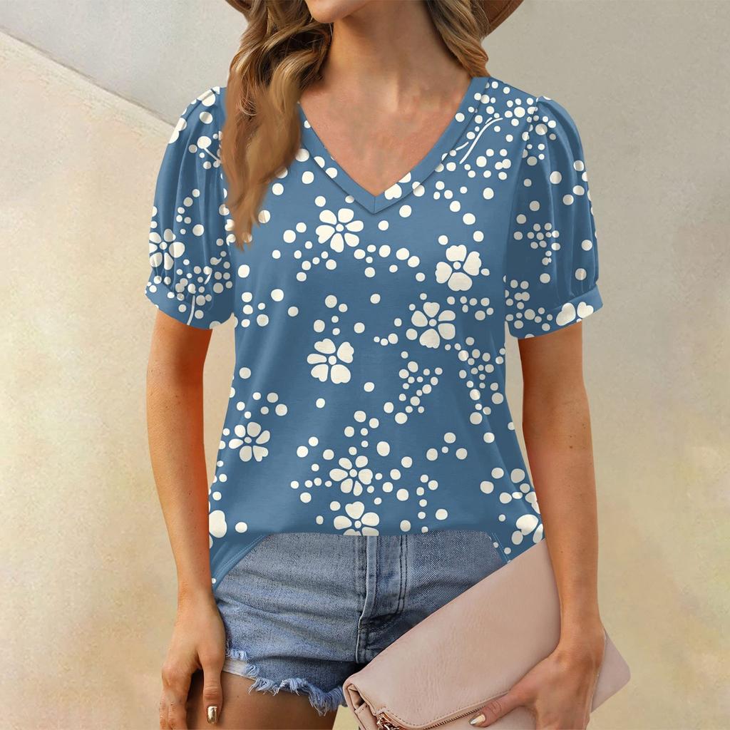 Dámská móda Květinový potisk Top Krátký balónkový rukáv Výstřih do V Volné ležérní tričko