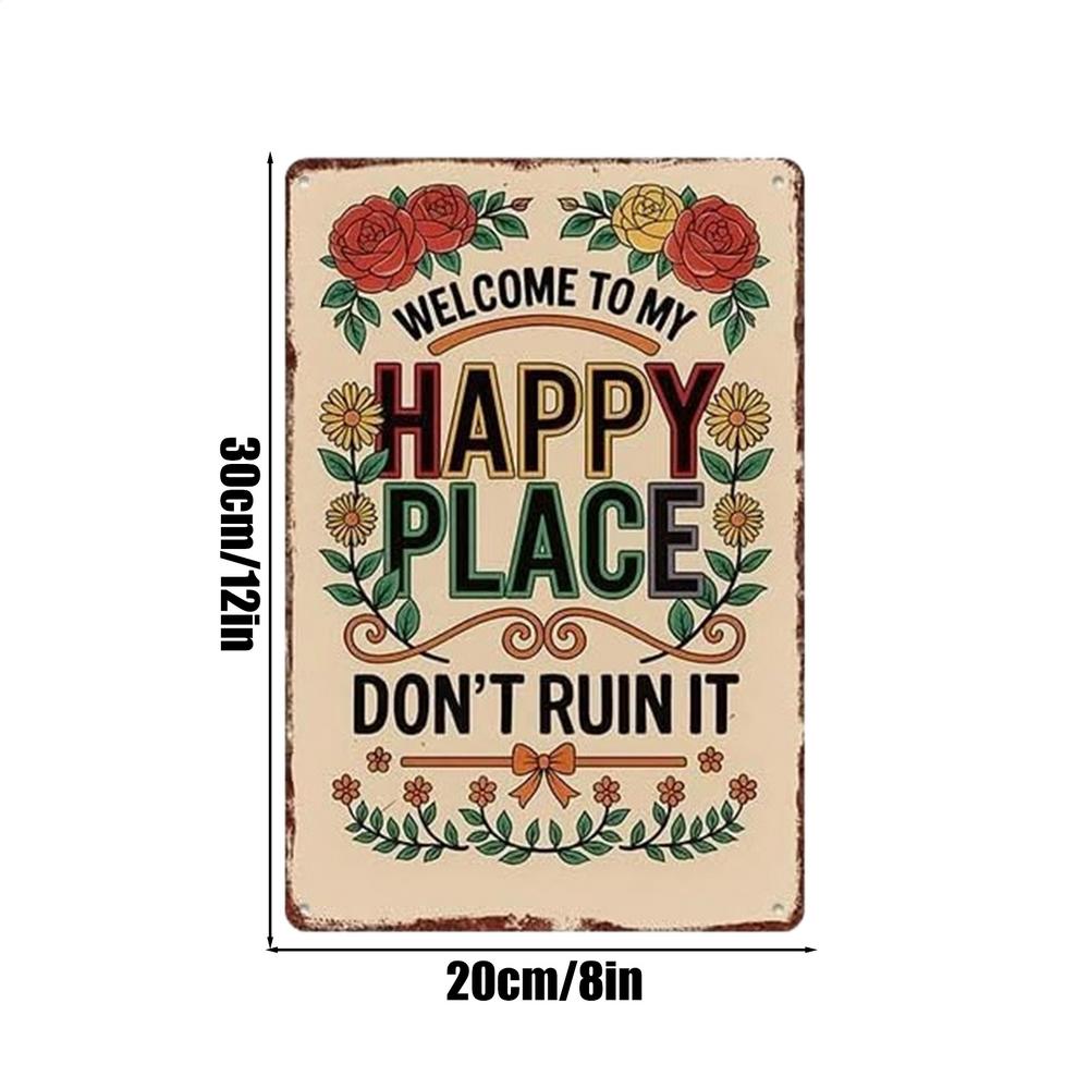 Happy Place Sign Vintage Floral Home Decoration Wall Metal Welcome Poster For Indoor Outdoor Bedroom Corridors Courtyards