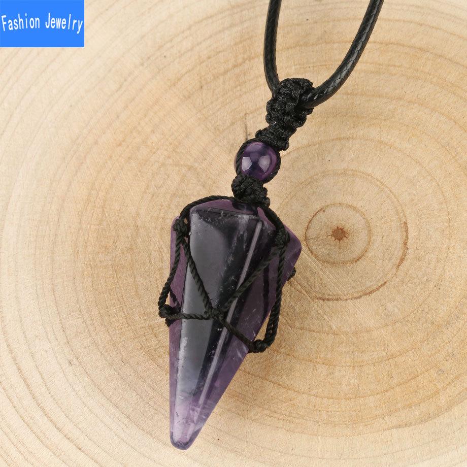 European And American Hand Woven Hexagonal Stone Pendant Accessories Women'S Powder Crystal Amethyst Necklace